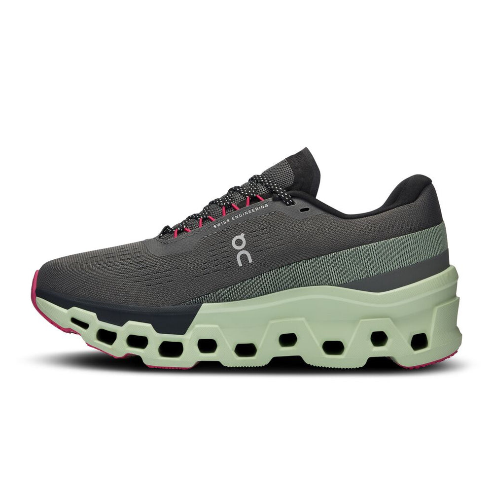 On Women's Cloudmonster 2 Running Shoes Asphalt / Lima - achilles heel